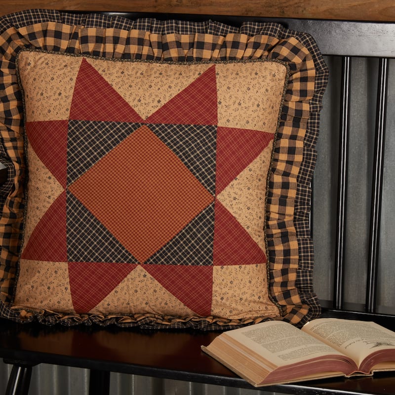 Maisie Patchwork Pillow 18x18 - Accent - Pillow 18x18 - Polyester - Natural/Country Black/Burgundy