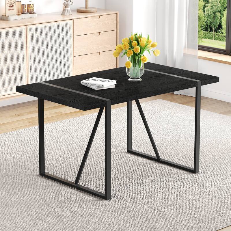 55-Inch Minimalist Retro Rectangular Dining Table, Black Textured Top with Inset Black Metal Legs - Black