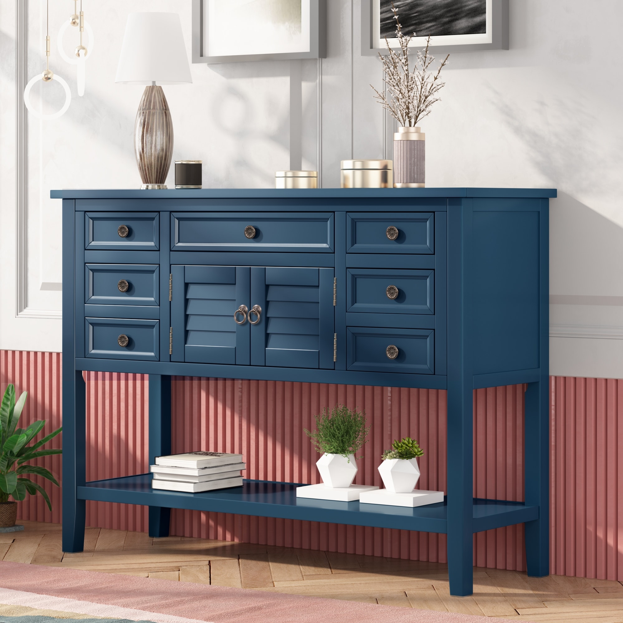 blue dress gold buttons WLIVE Wide 6-Drawer Modern Horizontal Wood Dresser