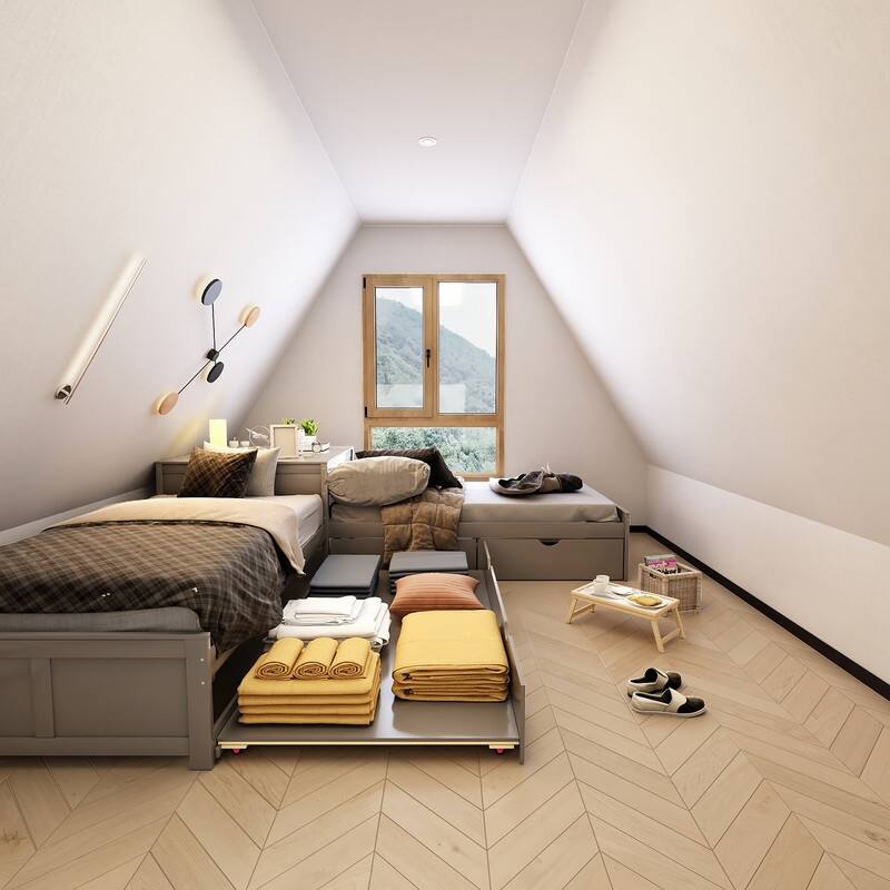 Twin Size L-Shaped Corner Platform Beds with Trundle and Drawers Linked with Built-in Desk
