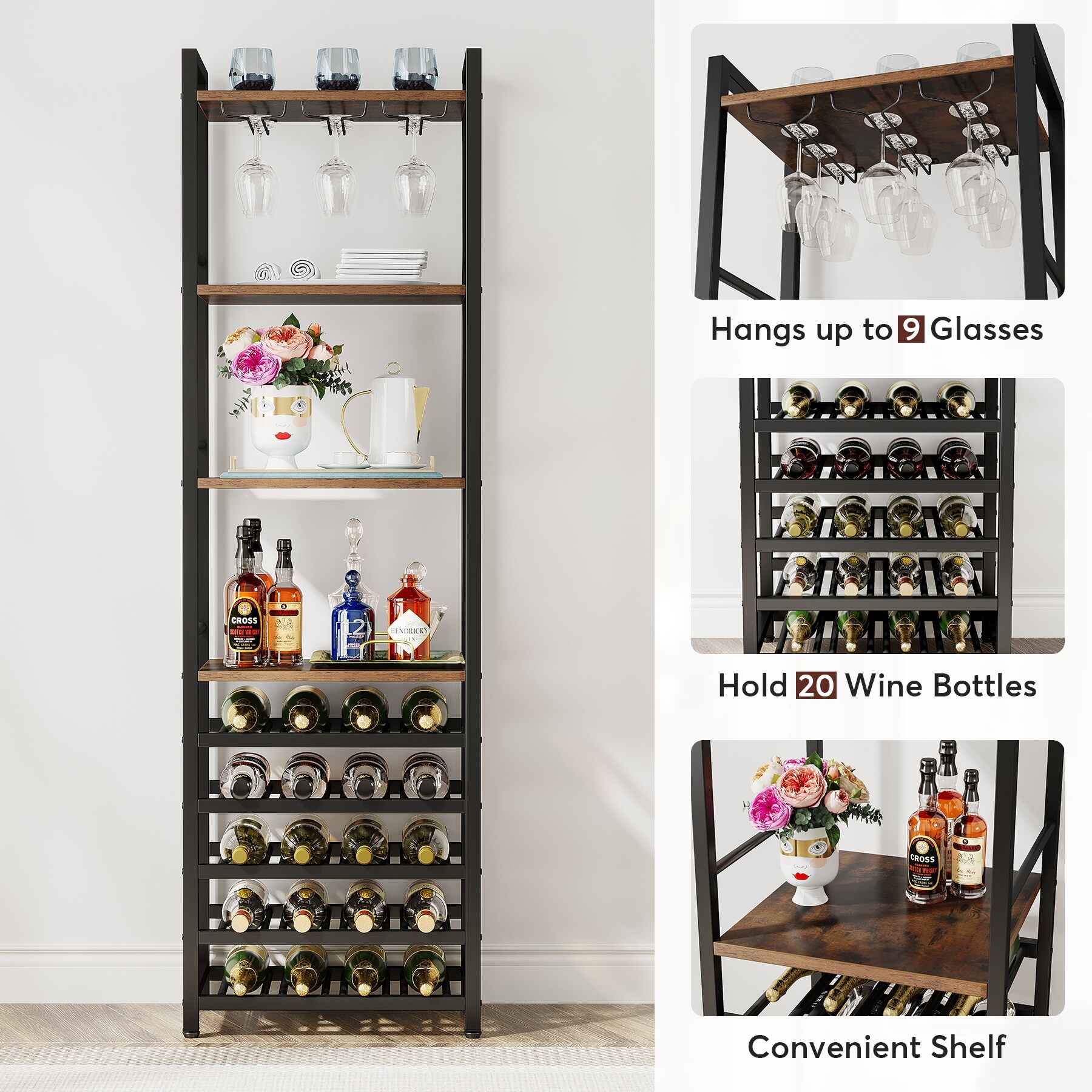 20-Bottle Freestanding Bamboo Wine Rack Cabinet with Display Shelf and Glass Hanger-Natural丨Costway