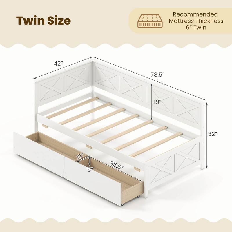 Costway Twin Size Daybed with 2 Storage Drawers Slats Support &