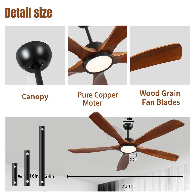 72 Inch wood Ceiling Fan with light, Low Profile Ceiling Fan with Remote Control,Noiseless Reversible DC Motor with Timer