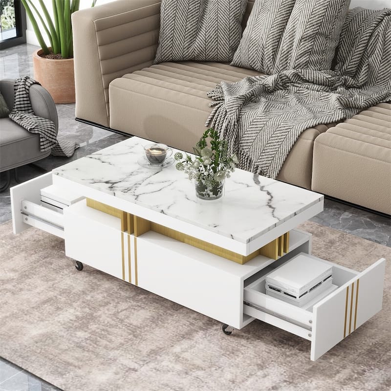 Merax Contemporary Coffee Table with Faux Marble Top, Rectangle Cocktail Table