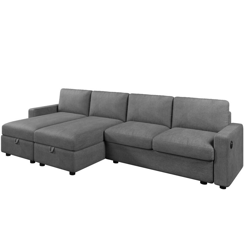 103.9" U-shaped Dark Gray Convertible Sofa with Storage Chaise & USB Ports, Polyester