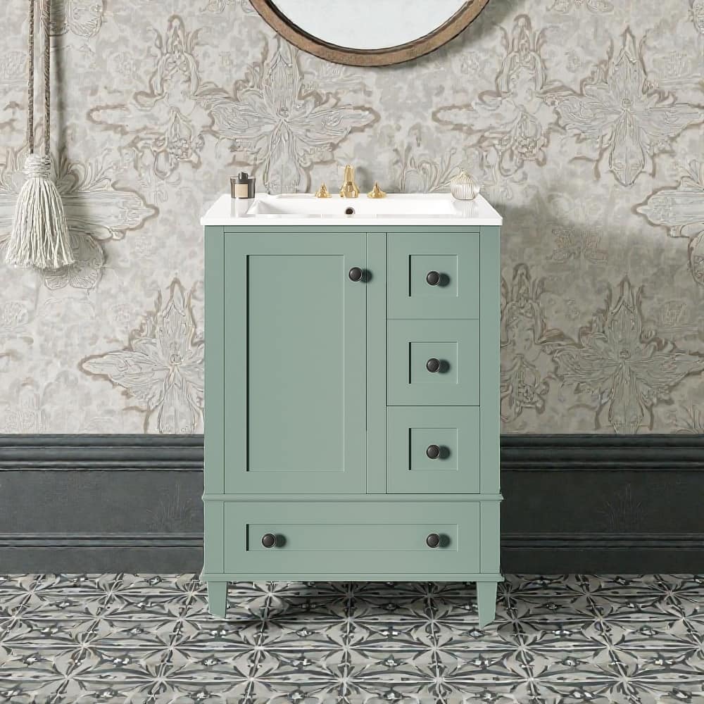 24" Bathroom Vanity with Integrated Ceramic Sink, Soft-Close Drawers and Door, Cabinet with Door Storage Rack