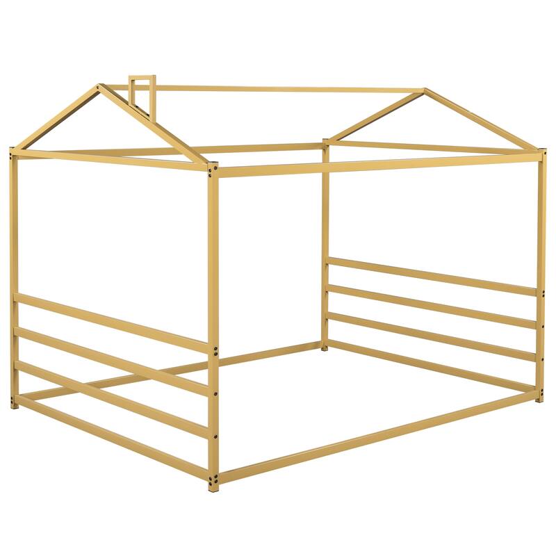 Modern Simple Queen Size Metal House Shape Platform Bed Floor Bed Frame for Kids Teens Adults, Space-Saving, Easy Assembly