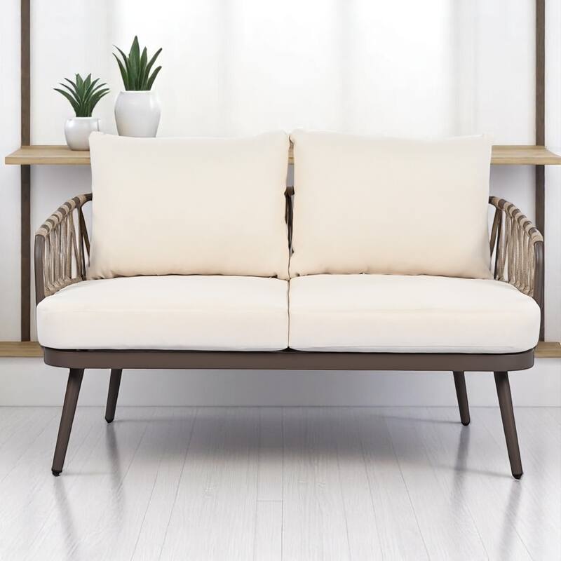4-Piece Outdoor Conversation Set with Woven Rope U-Shaped Backrest, Acacia Wood Coffee Table, Water-Repellent Cushions