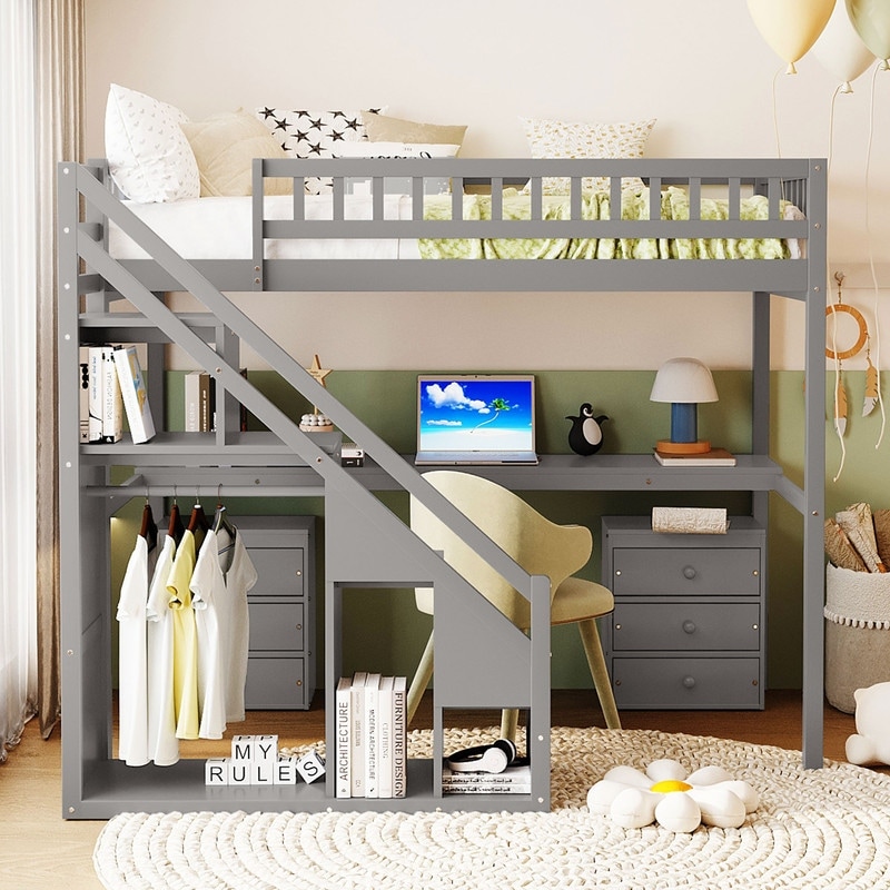 Full Size and Twin Size Loft Bed with Two Chest of Drawers, Desk and Light Strip