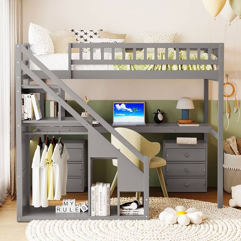 Twin/Full Size Loft Bed with Desk and Light Strip, Storage Bed Frame with Two Chest of Drawers & Clothes Hanging Rod