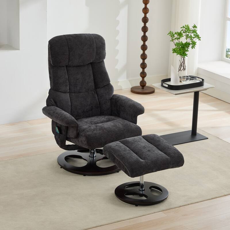 Recliner Chair with Ottoman, Modern 360° Swivel Lounge Chair with Footstool, Chenille Fabric, 5 Point Vibration Massage