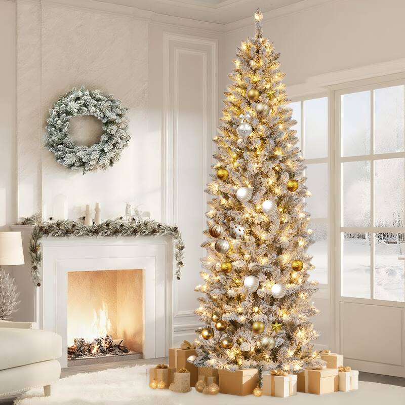 6ft Prelit Flocked Pencil Christmas Tree with Lights, Slim Artificial Xmas Tree with Snowy Branch
