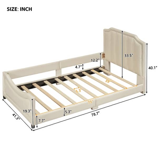 dimension image slide 2 of 3, Twin Size Platform Bed Upholstered Bed Wooden Kids Bed with Headboard