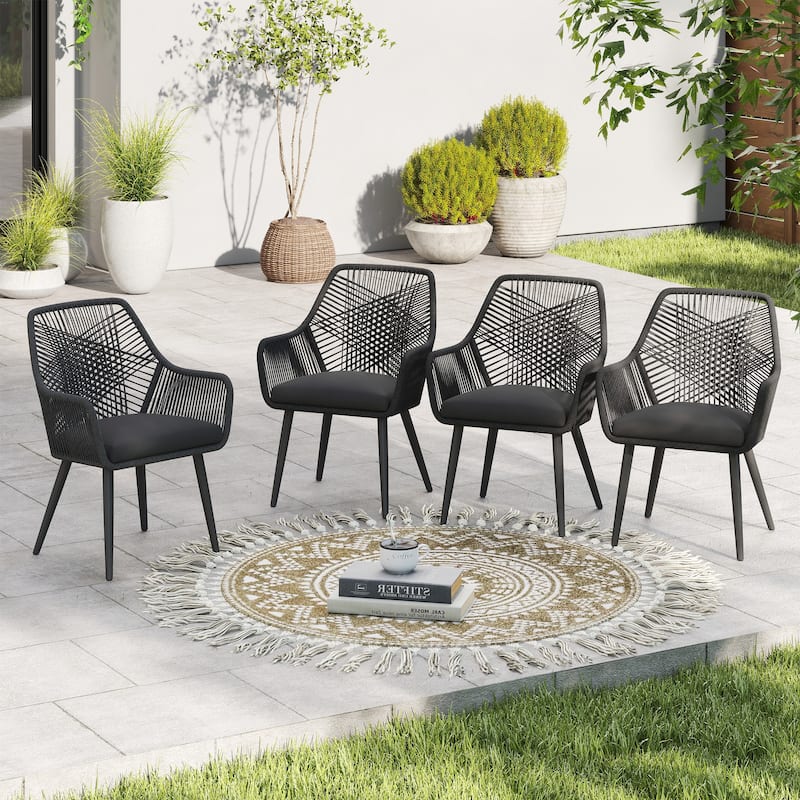 Outdoor Patio Woven Rope Dining Chairs With Armrest and Seat Cushions - 4 Pieces Black