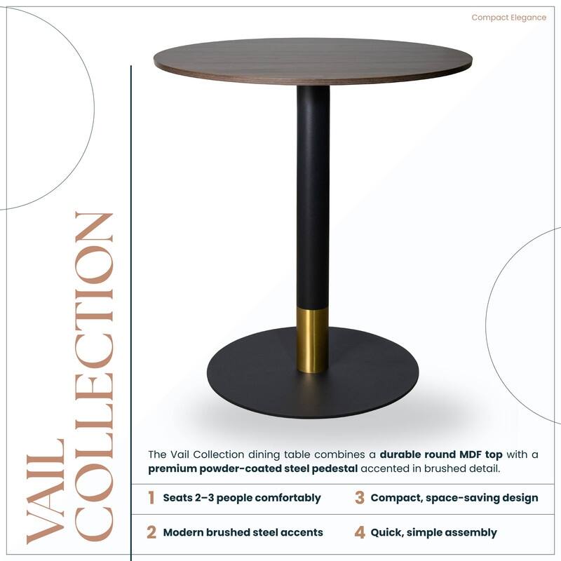 Vail Round Dining Table with 27 in. MDF Tabletop in Black Stainless Steel Round Pedestal Base with Gold Accent Kitchen Table
