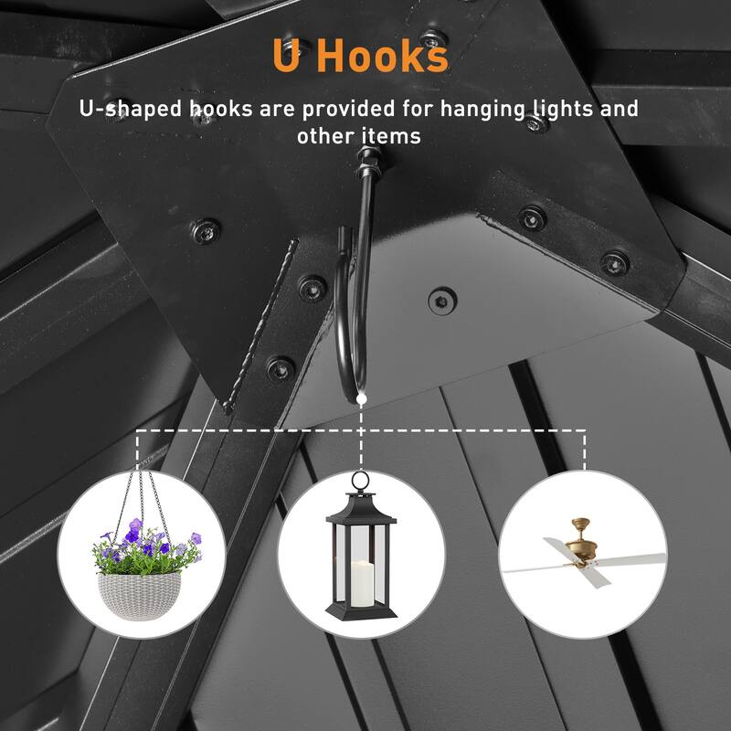 Aoodor 10 x 10 ft Wooden Frame Gazebo with 2-Tier Galvanized Metal Hardtop Roof, Outdoor Patio Gazebo with Charging Socket