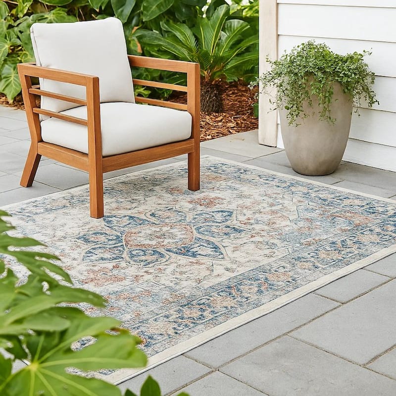Jerry 5 x 7 Area Rug, Indoor Outdoor, Medallion, Polyester, Ivory Orange - 5 x 7
