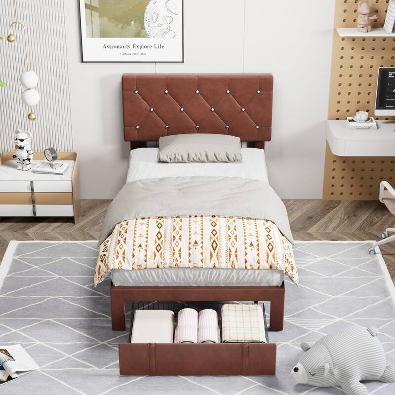 VECELO Bed Frame with Storage Drawers Leather Upholstered with Diamond Tufted Headboard Solid Wood Slat Support - Brown - Twin