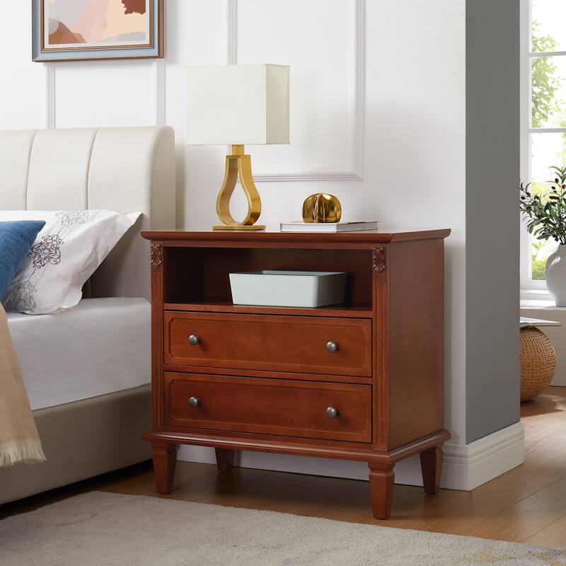 2 Drawers Dresser Nightstand with Charging Station, End Table Walnut Side Table Storage Cabinet with Wood Legs