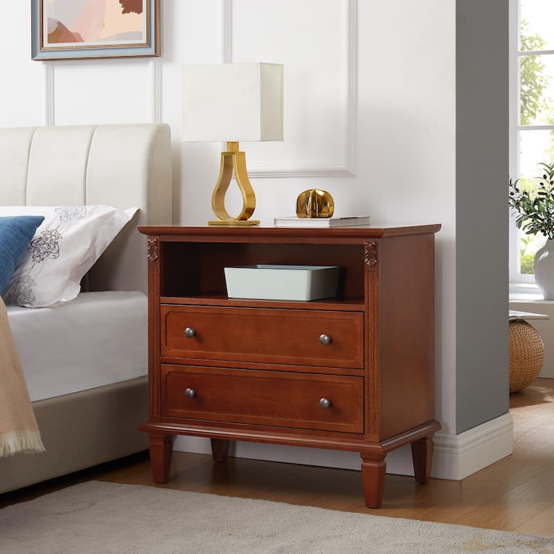 Farmhouse 2-Drawer Dresser Nightstand with Charging Station, USB Ports, Open Shelf & Solid Wood Legs - Walnut