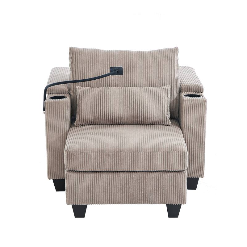 Convertible Sleeper Sofa Chaise Lounge with Movable Backrest, Corduroy Reading Chair with USB Ports, Cup Holders & Phone Holder