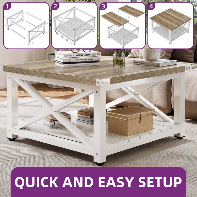 Moasis Farmhouse Square Lift Top Coffee Table with Storage Shelf for Living Room