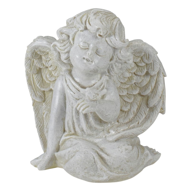 6" Ivory Sitting Angel with Bird Outdoor Garden Statue