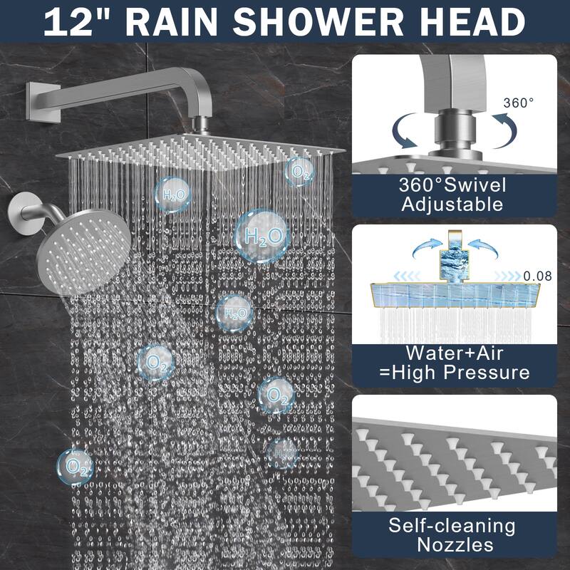 Thermostatic Dual Shower System 12" and 6" Rainfall Shower Head with 6 Body Jets & Handheld Shower