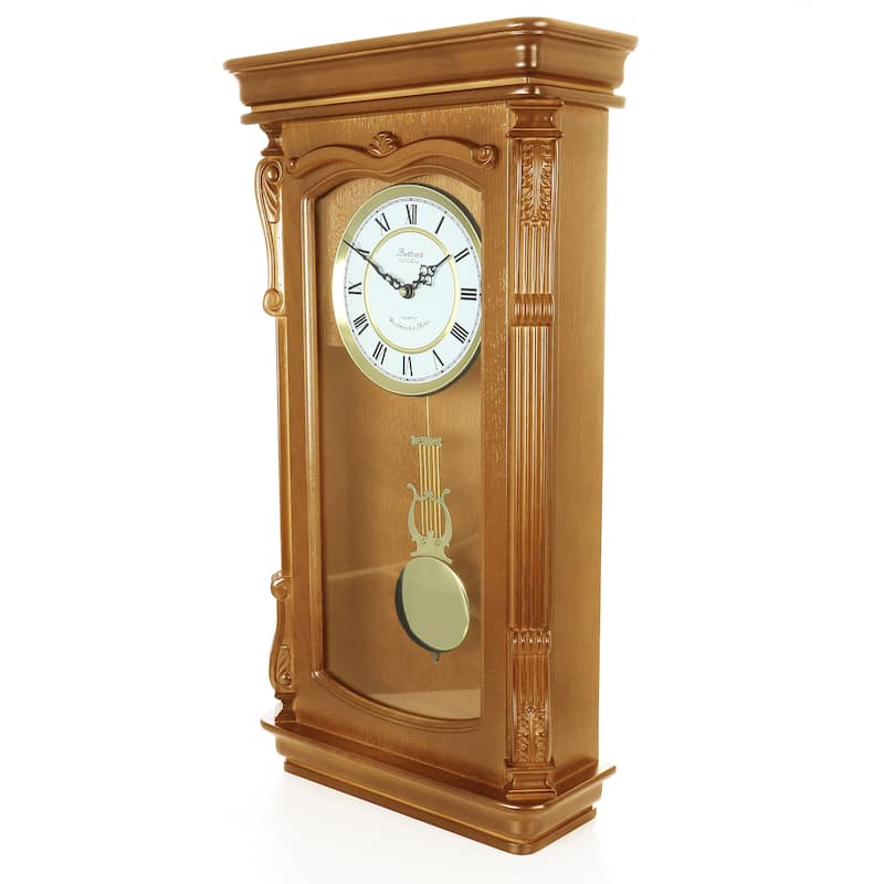 Bedford Clock Collection Golden Oak Chiming Pendulum Wall Clock - 13.6"x5.4"x25.6"