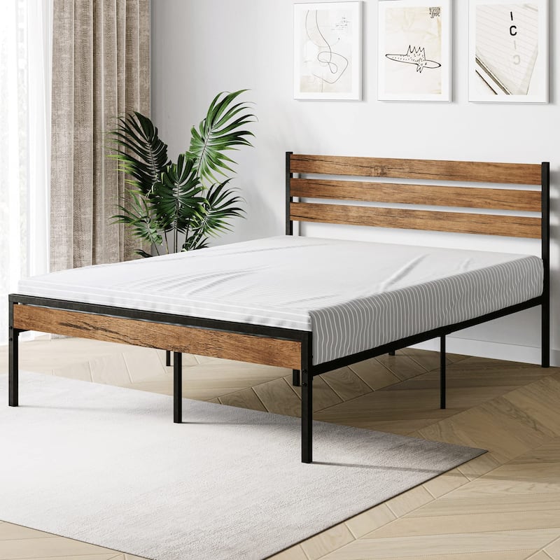 Platform Bed Frame with Wood Headboard No Box Spring Needed - Queen