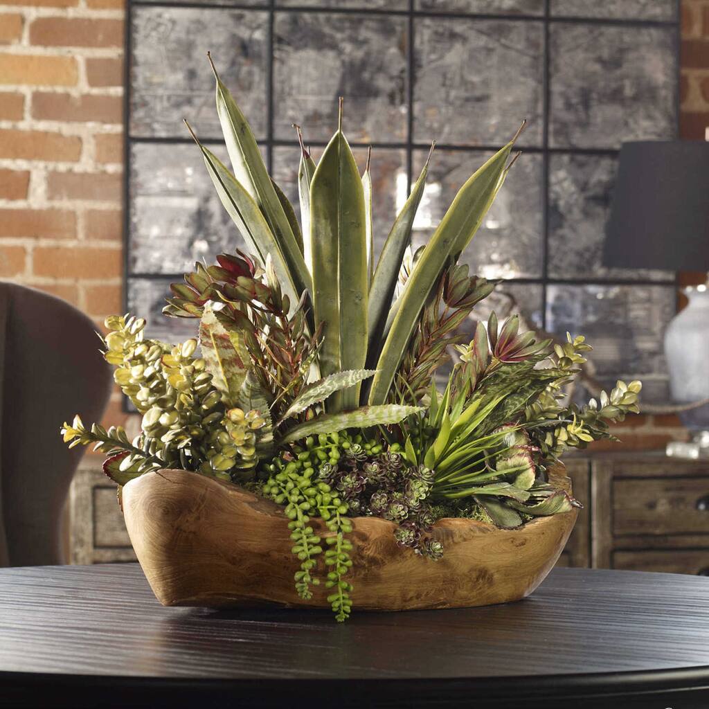 Uttermost Salar Artificial Designer Succulents Plants in Teak Bowl