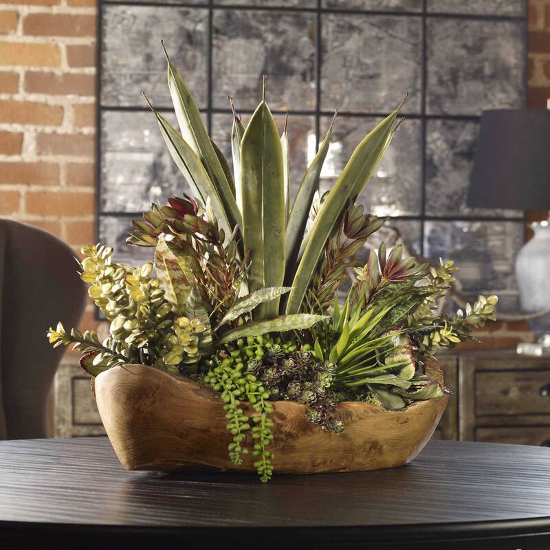 Uttermost Salar Artificial Designer Succulents Plants in Teak Bowl - Light Brown