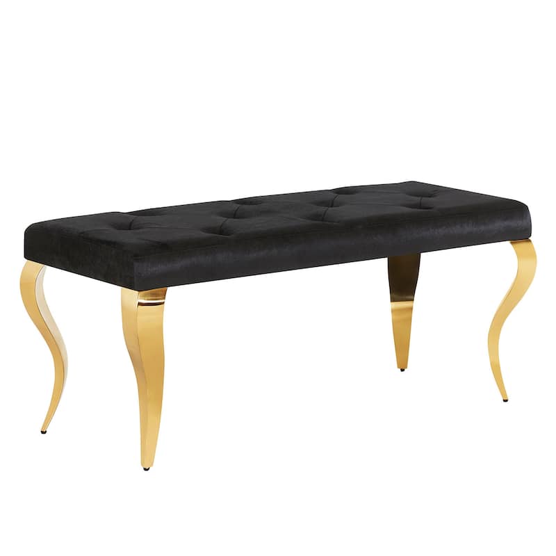 Luxury Velvet Bench Button Tufted Upholstered Dining Bench with Polished Metal Legs - black