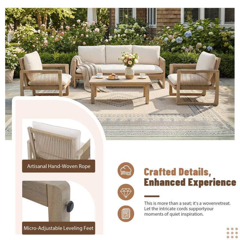 Outdoor 4-Piece Conversation Set Acacia Wood Patio 3-Seater Sofa Set Rope Weave Arm Chair with Coffee Table Weather Resistant