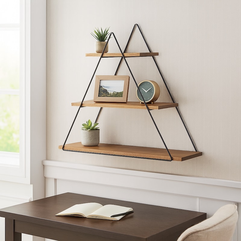 Wooden Triangle Shelf with Metal Frame - 3 Tiered Wall Shelf - Rustic Farmhouse Contemporary Style - 25" x 6.5" x 20" - 25" x 6.5" x 20" - Brown