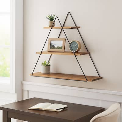 Wooden Triangle Shelf with Metal Frame - 3 Tiered Wall Shelf - Rustic Farmhouse Contemporary Style - 25" x 6.5" x 20"