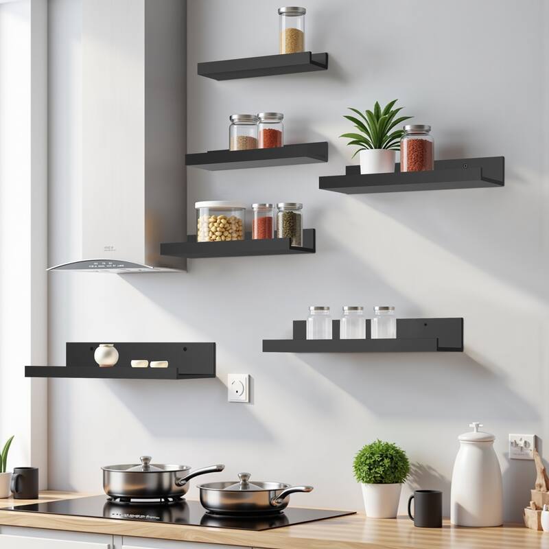 Homy Casa U-Shaped Wall-Mounted Floating Shelf Set of 6, Black Brown