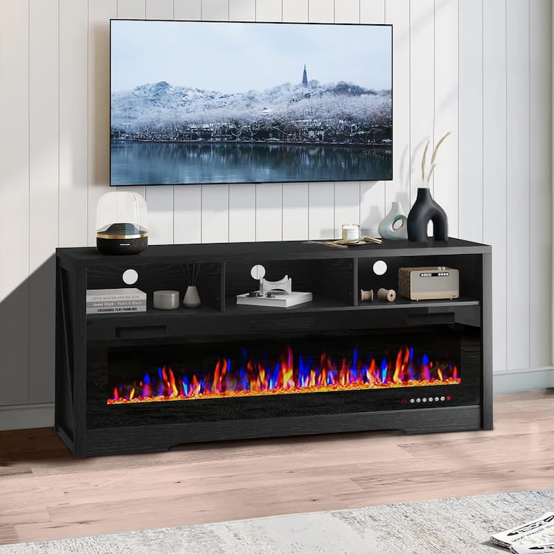 BOSSIN Fireplace 65" TV Stand for TVs Up to 75" TV with 60" Electric Fireplace,Entertainment Center with Open Shelve Storage