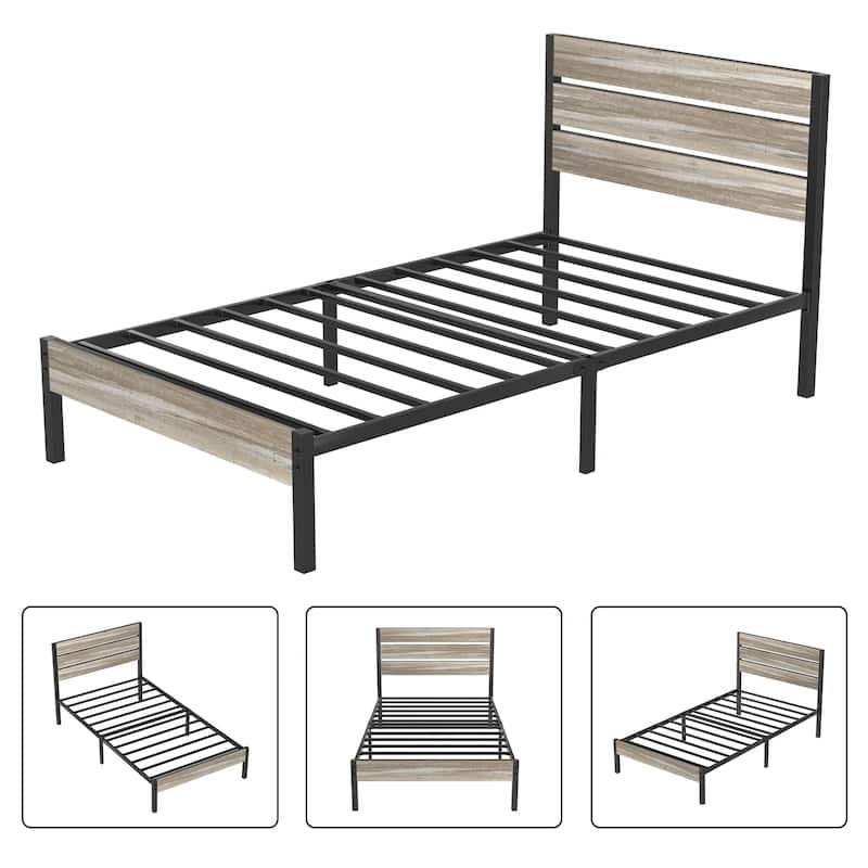 VECELO Industrial Wood Bed Frame with Headboard, Twin Size Beds/Full Size Beds/Queen Size Beds