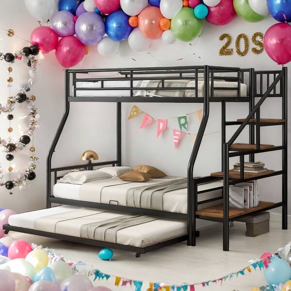 slide 2 of 17, Stylish & Simple Twin over Full Size Metal Bunk Bed with Trundle and Storage Staircase, Strong & Sturdy Construction, Black Black