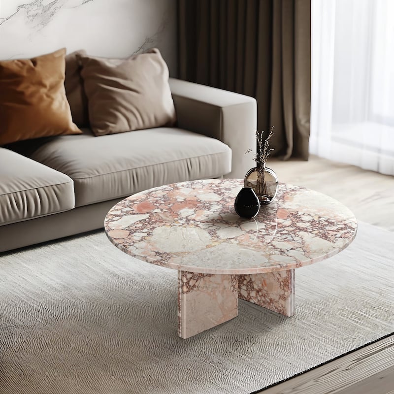 Roomfitters Round Natural Marble Coffee Table, Genuine Stone Living Room Table, Real Marble