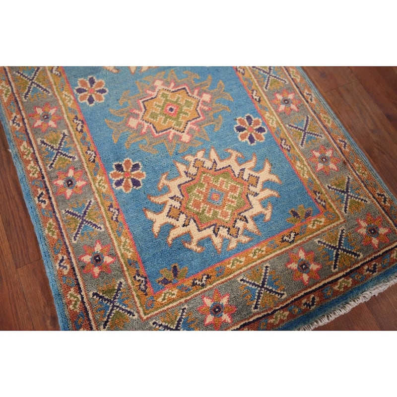 Blue Geometric Kazak Foyer Rug Hand-Knotted Oriental Wool Carpet - 2'0" x 3'1"