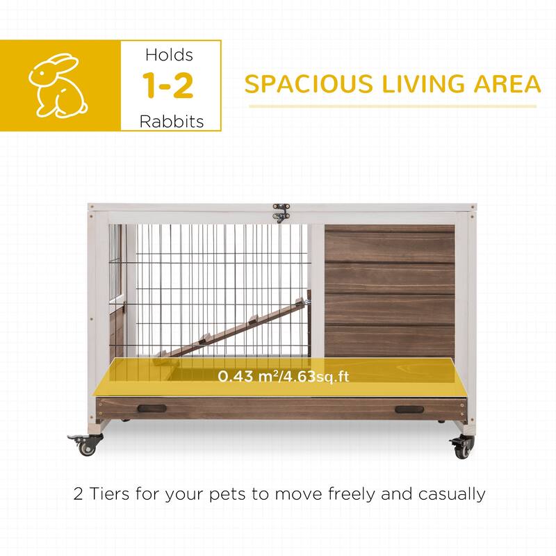 Brown Fir Wood Bunny Hutch with Run Ramp Wheels and Removable Tray for 1-2 Small Pets - 35.5" L x 20.75" W x 23.25" H