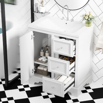 30" Bathroom Vanity Cabinet with Ceramic Basin, 3 Drawers and Adjustable Shelves, Single Sink Bathroom Storage Cabinet, White