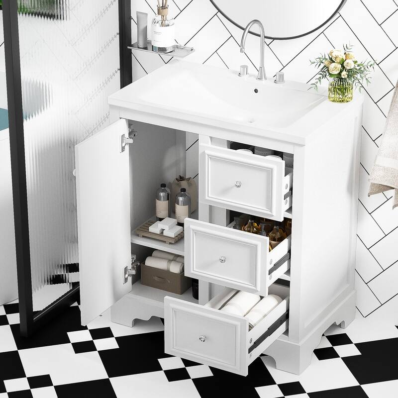 30-Inch Bathroom Vanity Cabinet with Ceramic Basin, 3 Drawers and Adjustable Shelves - White