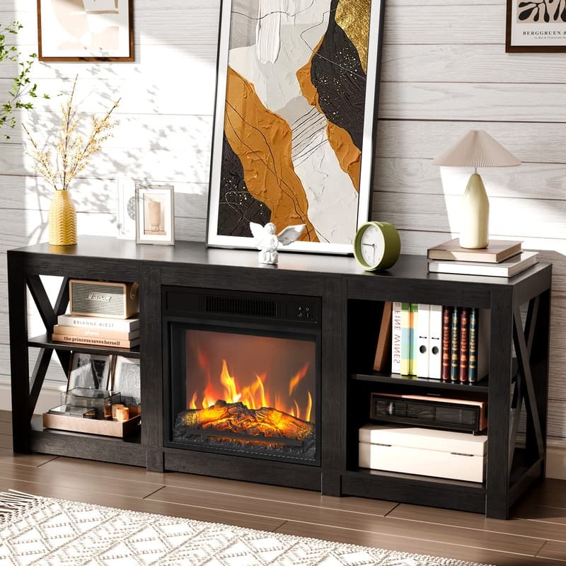 TV Stand with Optional Fireplace for TVs up to 70in Farmhouse Entertainment Center with Adjustable Shelves