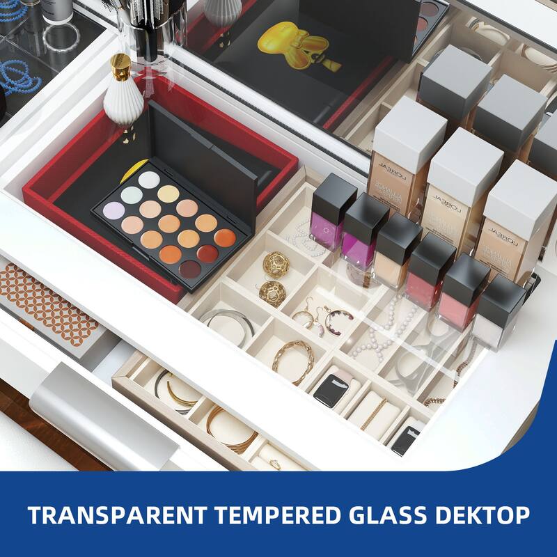 Moasis Mirror and Lights Vanity Desk Makeup Vanity Set with Glass Top and 10-Drawer, Charging Station, Dressing Table