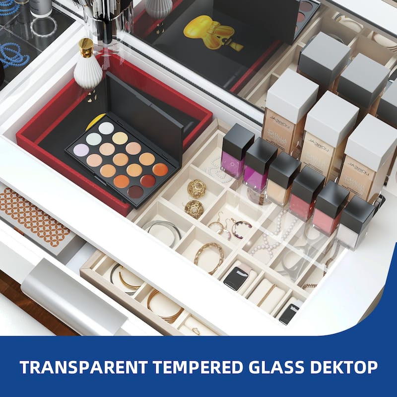 Moasis White 10-Drawer Cosmetic Vanity Desk Set with Glass Tabletop Makeup Vanity with LED Strip