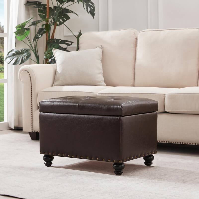 Tufted Storage Ottoman Bench, Rectangular Footstool - Brown