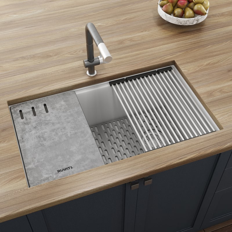 Ruvati 33-inch Granite Composite Workstation Undermount Kitchen Sink Single Bowl White - 33" x 18-1/2" - 33" x 18-1/2″